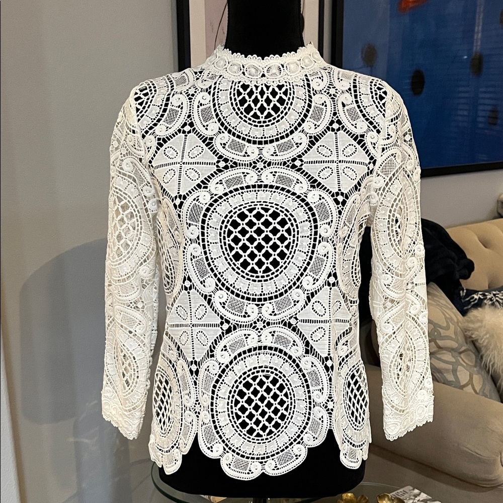 Lace Crochet High-Neck Blouse - White| size S
